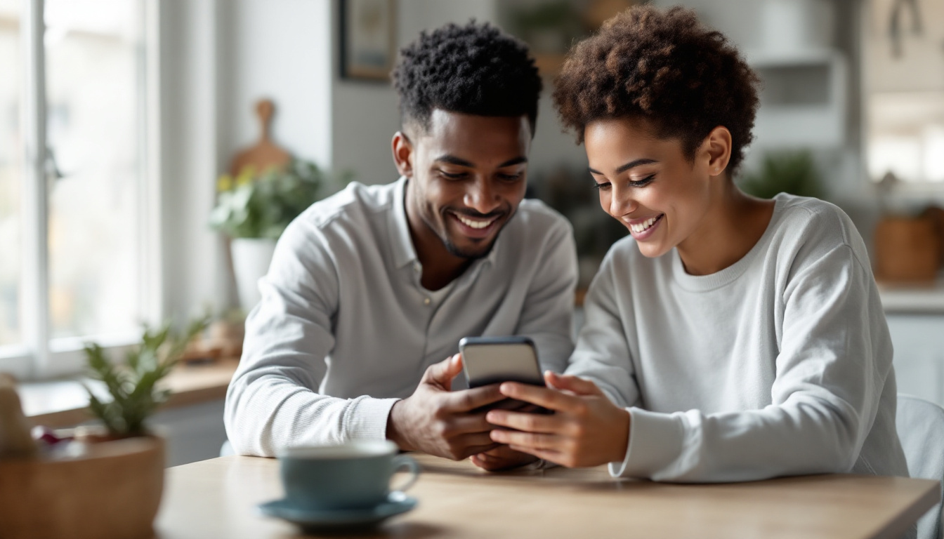 Parent and teenager reviewing app privacy settings together on a smartphone at a kitchen table